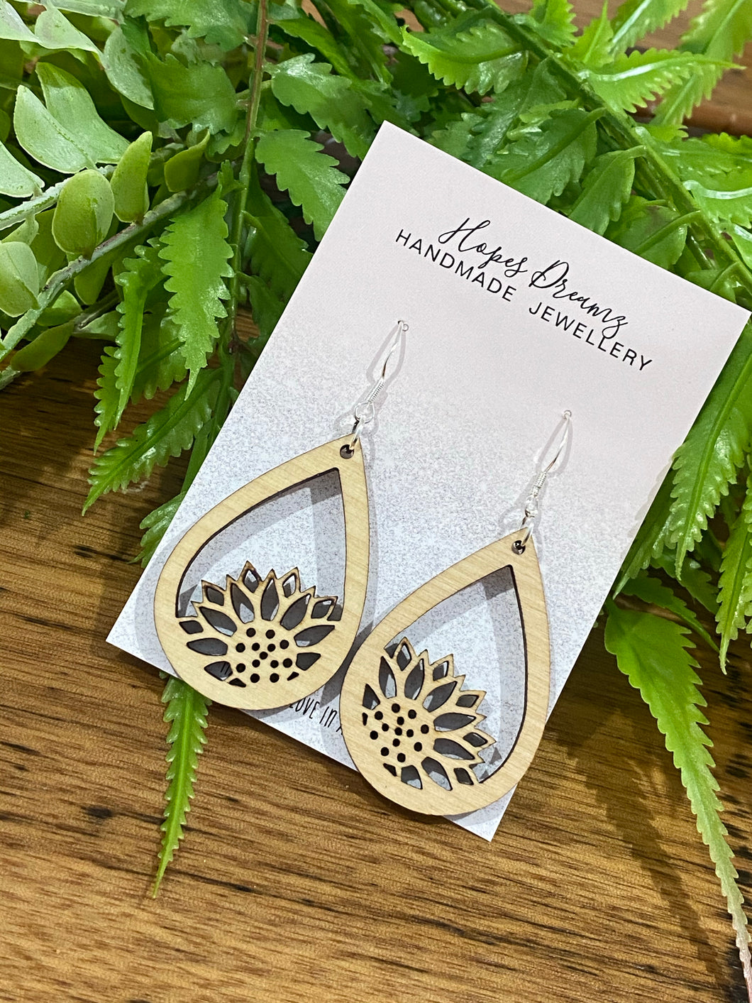 Wood sunflower dangly earings