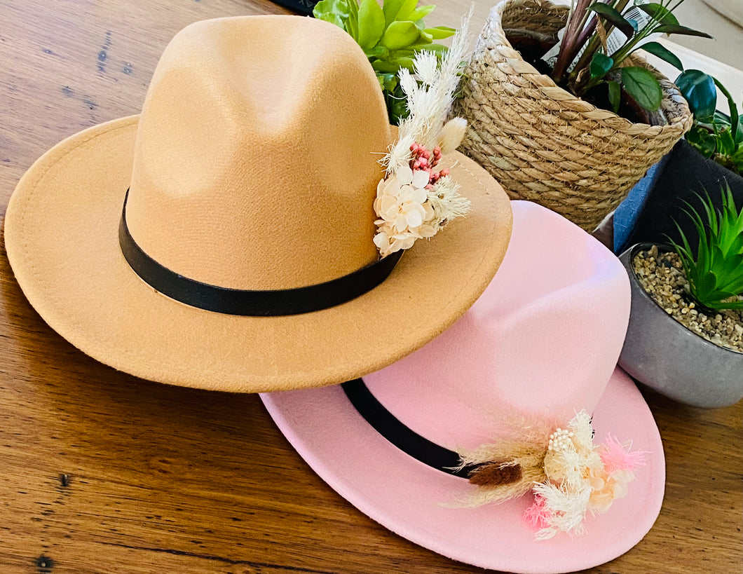 Pink felt fedora hat/dried flowers